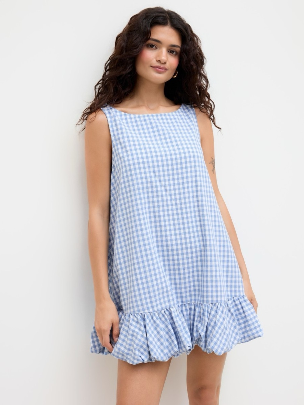 NWOT Cider Blue and White Gingham Ruffle-Hem Mini Dress